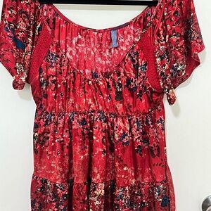 Free People Women's Red Floral Short Sleeve Tiered top Small